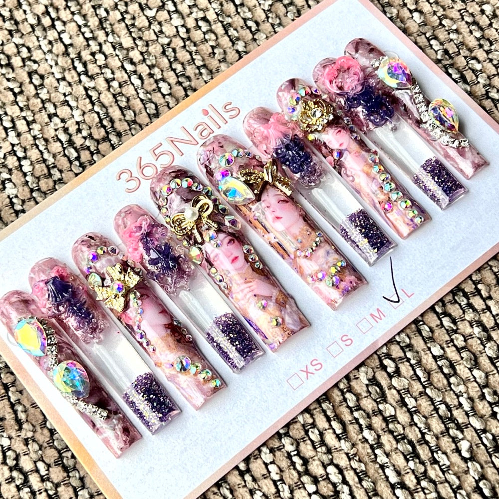 365nails: "Regal Lavender Princess" – Handmade Liquid Motion Press-On Long Pipe Nails-5.5cm
