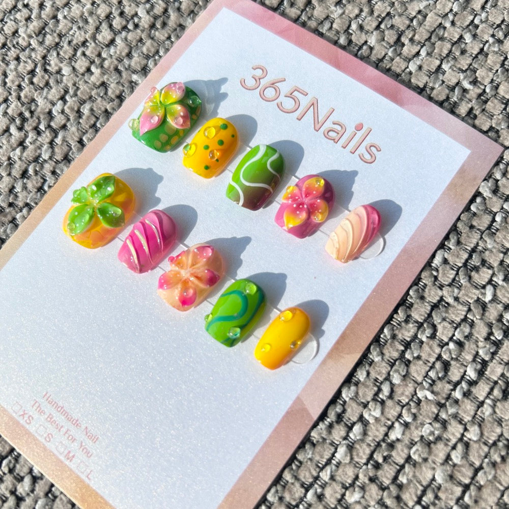 Handmade "Tropical Sherbet" 3D Floral Press-on Nails | Ombré Petals & Swirls | Short Square | 10pcs Set