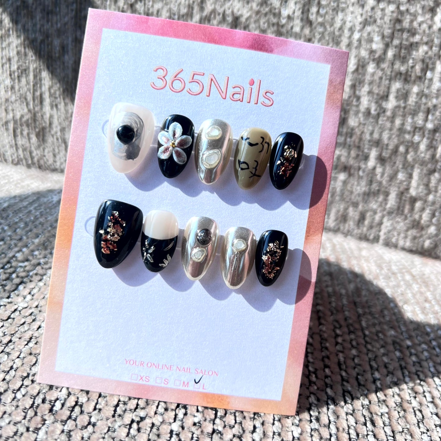 365nails: "Gothic Silver Script" – Metallic Chrome & 3D Floral Handmade Almond Nails