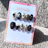 365nails: "Gothic Silver Script" – Metallic Chrome & 3D Floral Handmade Almond Nails