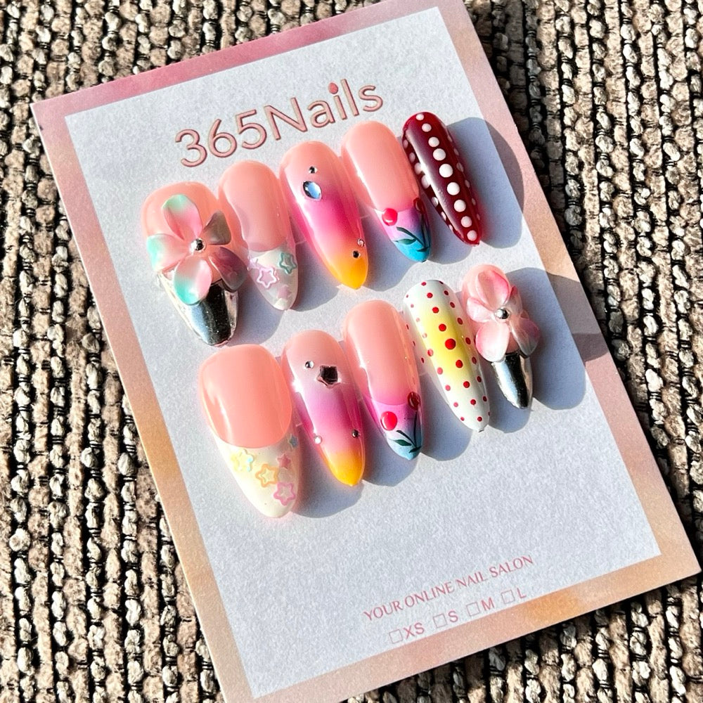 365nails: "Y2K Cherry Polka Dot" – Handmade Medium Almond Press-On Nails