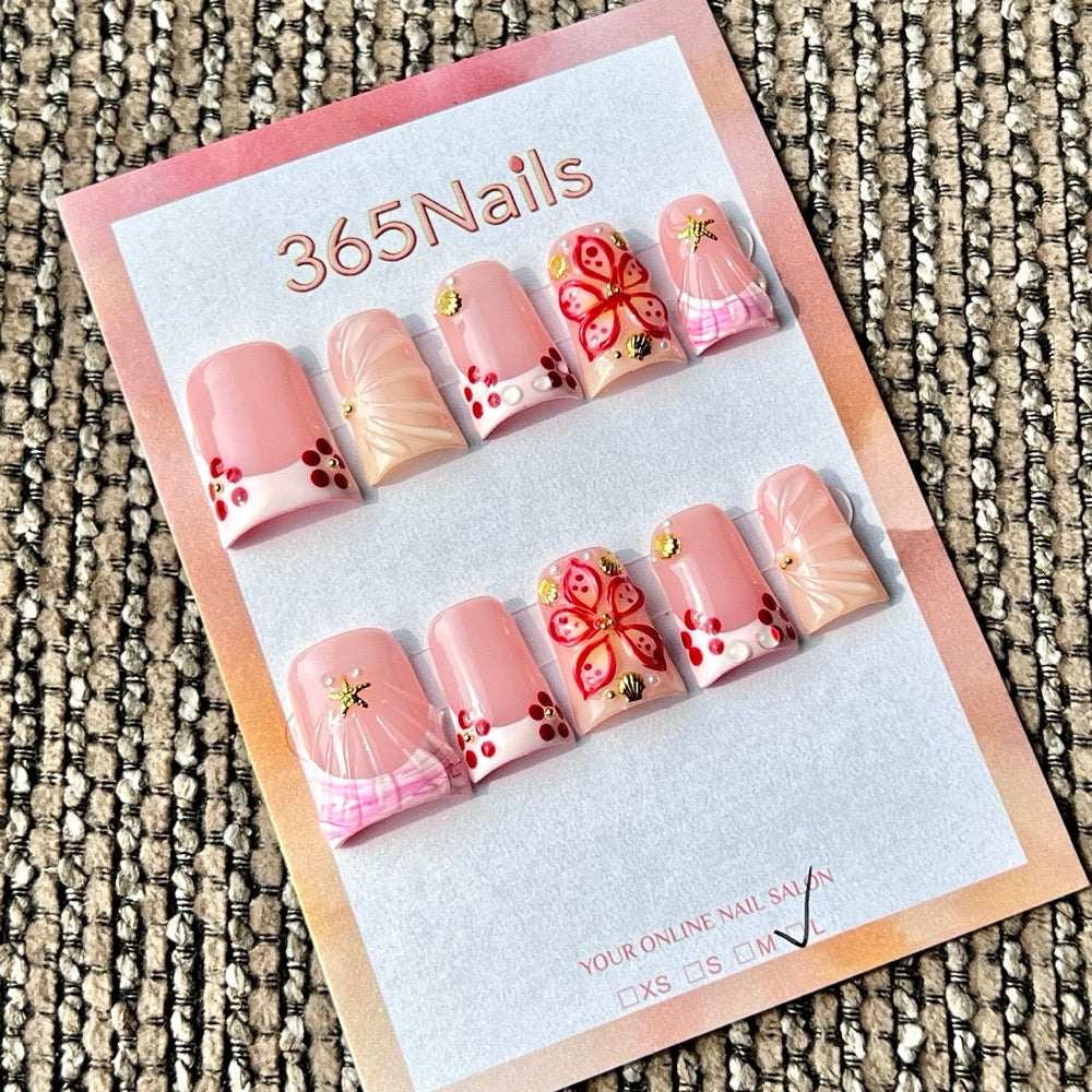 365nails: "Pink Red Flower Starfish Short" – Handmade Short Trapezoid Press-On Nails