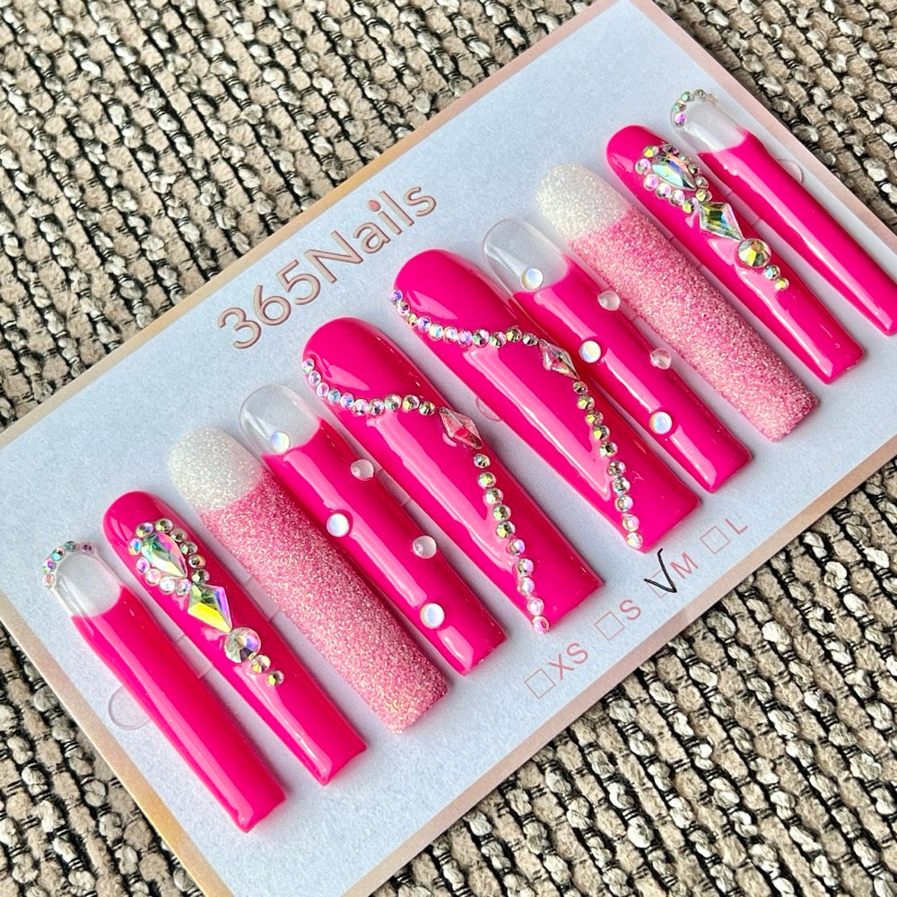 365nails: "Hot Pink Rhinestone Long" – Handmade Long Trapezoid Press-On Nails