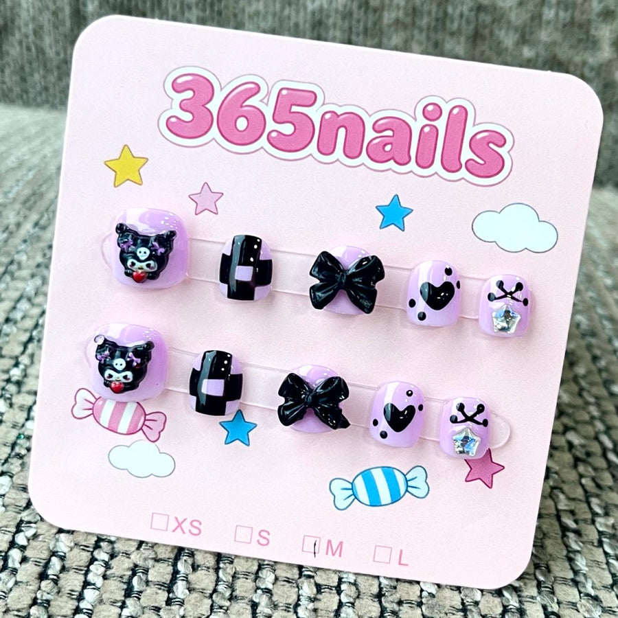 365nails: "Gothic Kawaii Dream" – 3D Character & Bow Handmade Short Square Nails