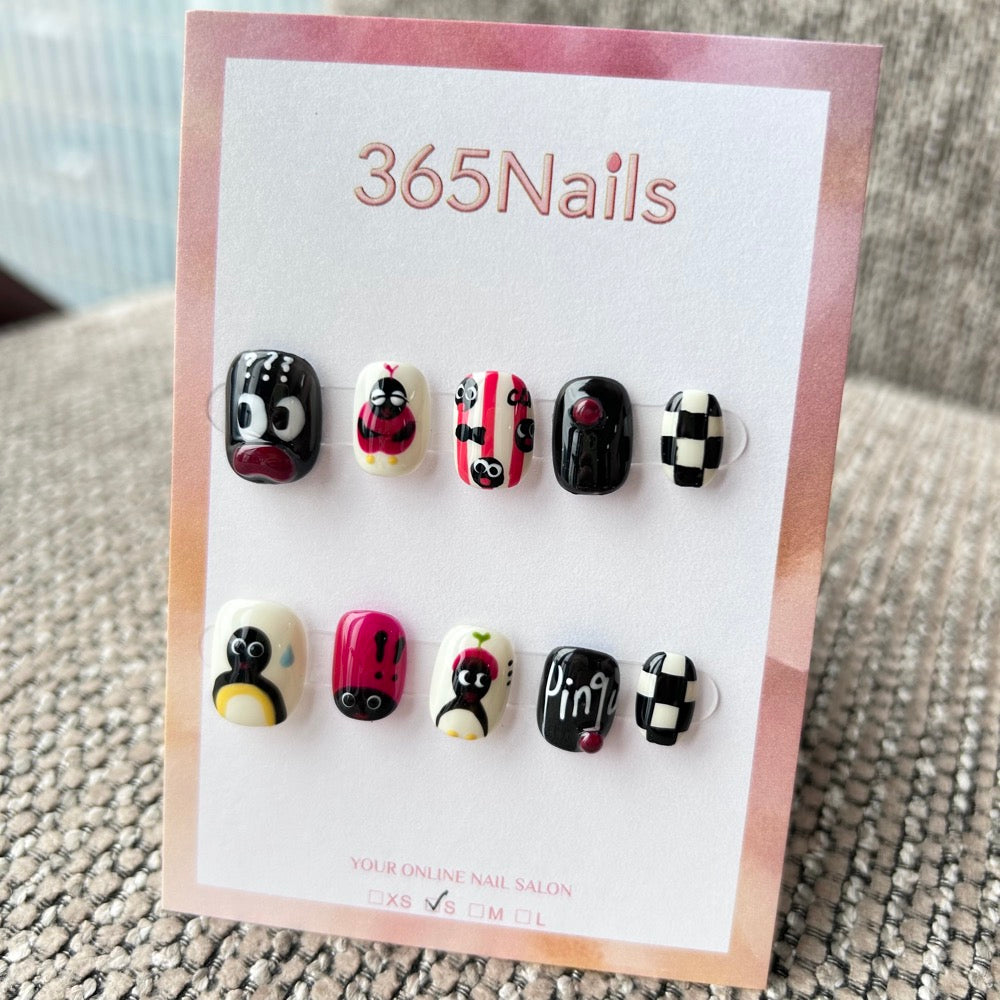 Cartoon & Dopamine: "Noot Noot!" – Pingu & Friends, Retro Checkerboard, Stripes & Graffiti Short Nails
