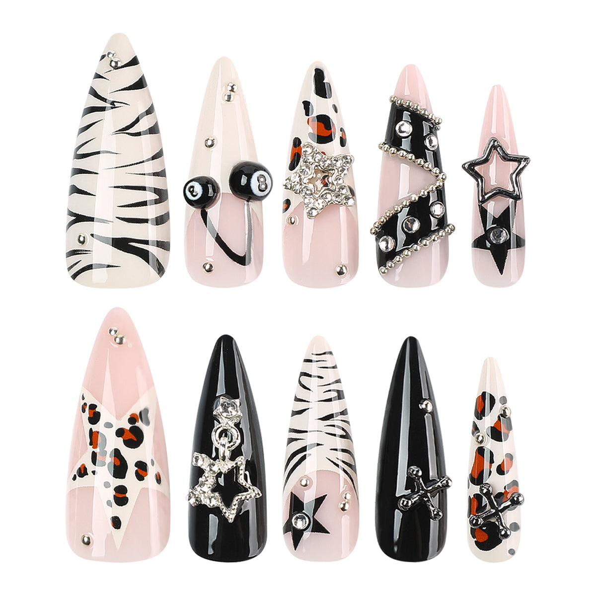Two-row display of press-on nails with black, pink, zebra, leopard and 3D star or cross details.