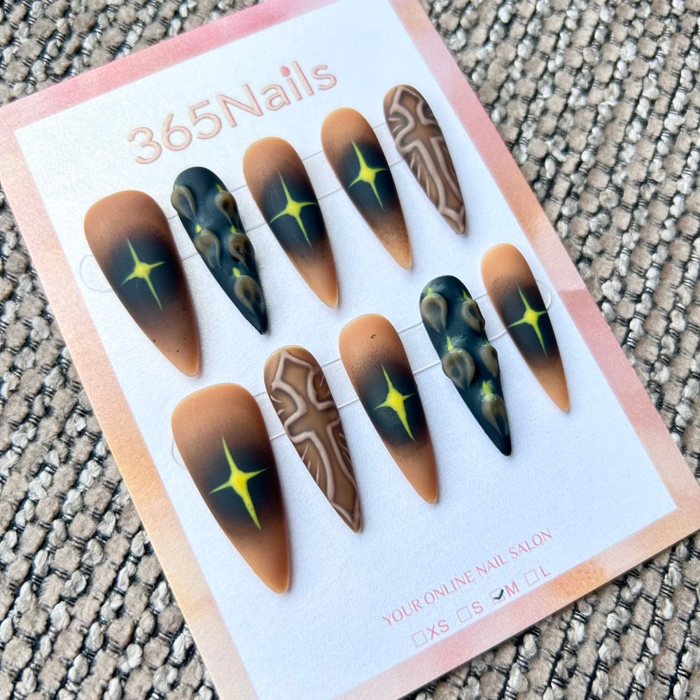 Femme Fatale: "Wasteland Relic" – Matte Brown Airbrush with Neon Starburst & 3D Alien Tentacle Texture Long Stiletto Nails