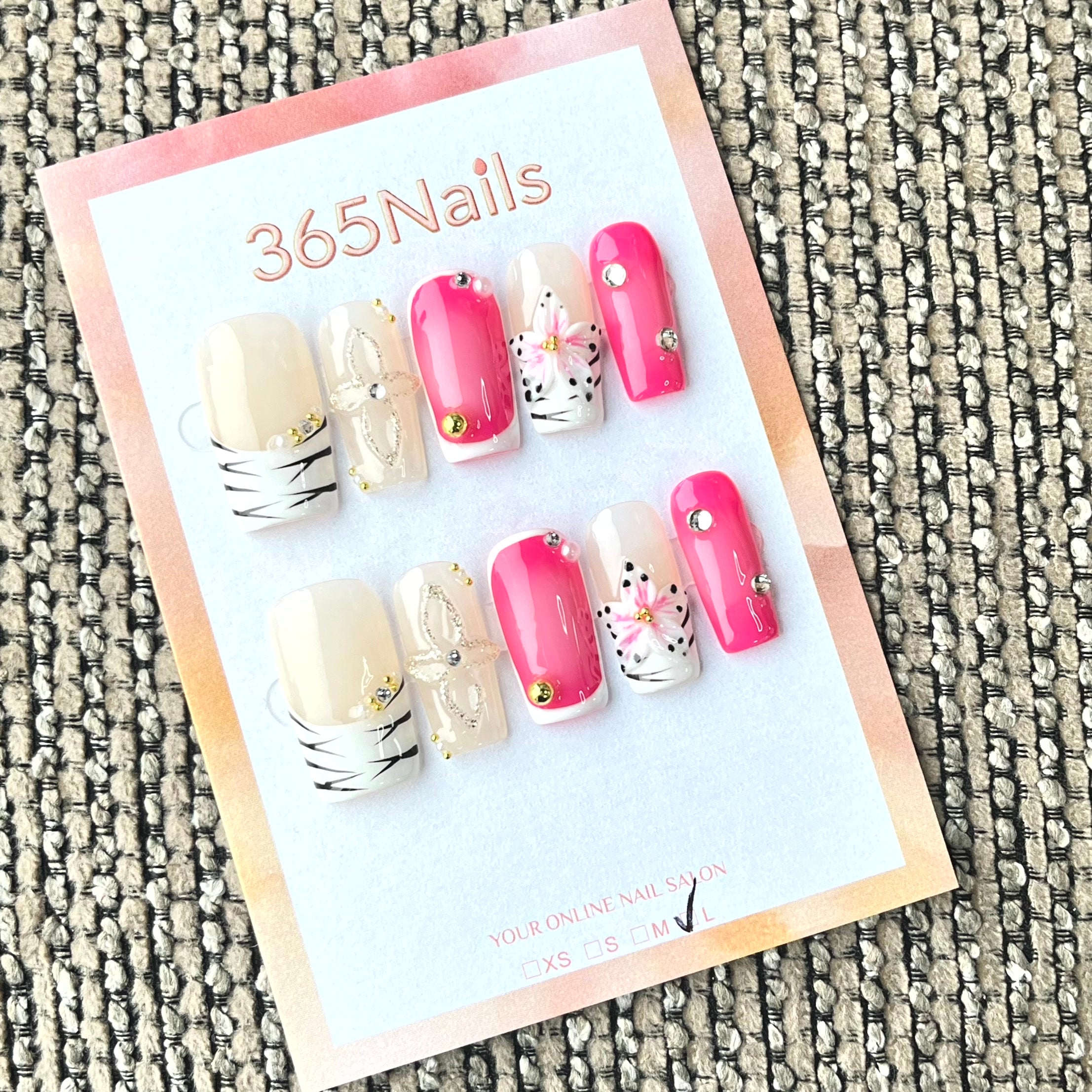 365nails 네온 사파리 – 3D 크롬 크로스 & 지브라 플로럴 수제 스퀘어형 네일