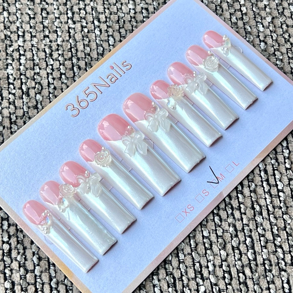 365nails: 「新娘低語」 – 3D 花卉法式 手工製 長款方形穿戴甲