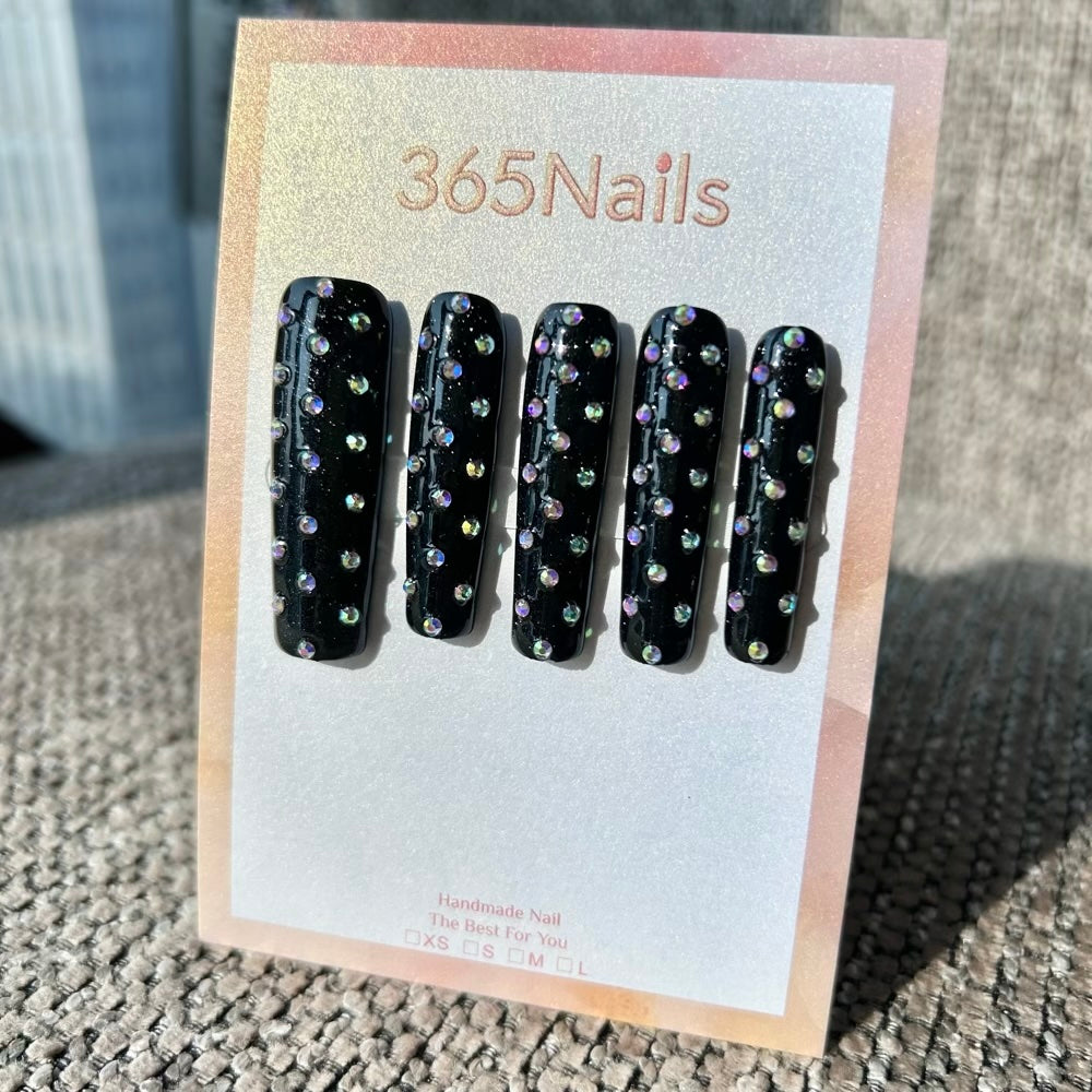 Midnight Starfall Press On Nails｜Black Long Square with Crystal Studs | Crystal Armor Series