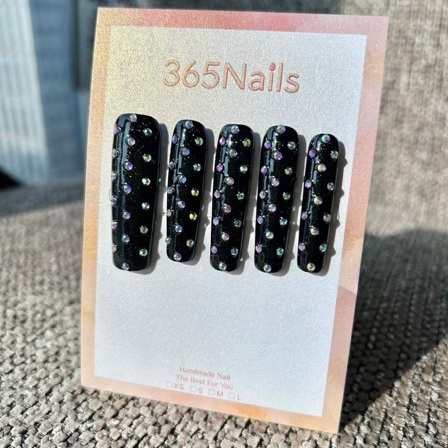 Midnight Starfall Press On Nails｜Black Long Square with Crystal Studs | Crystal Armor Series