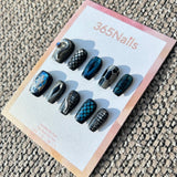 The Gilded Serpent: "Midnight Viper" – Dark Navy Blue & Silver Metallic 3D Snake Scale Handmade Press-On Nails