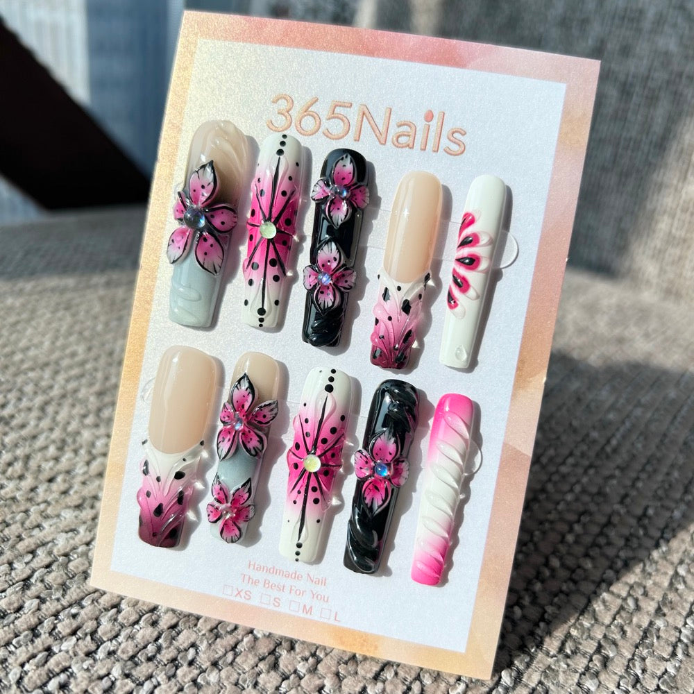 Handmade Y2K "Sweet & Spicy" 3D Floral Press-on Nails | Hot Pink & Black Airbrush Starburst | Long Coffin | 10pcs Set