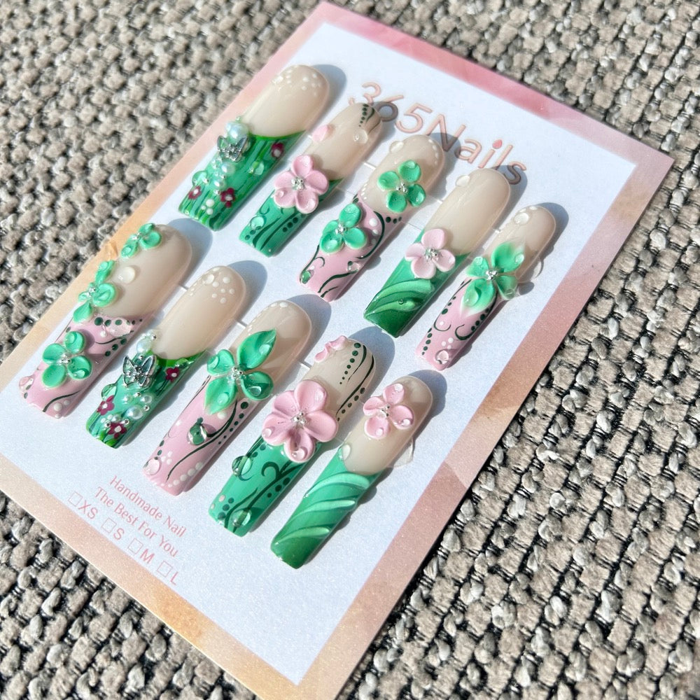 Handmade "Enchanted Garden" 3D Floral Press-on Nails | Green French & Silver Butterfly | Long Coffin | 10pcs Set