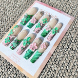 Handmade "Enchanted Garden" 3D Floral Press-on Nails | Green French & Silver Butterfly | Long Coffin | 10pcs Set