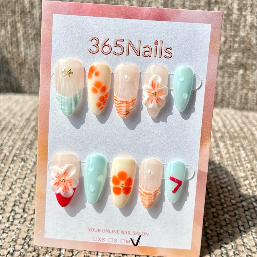 365nails: "Summer Orange Blue Flower Bubble Mix" – Handmade Medium Stiletto Press-On Nails