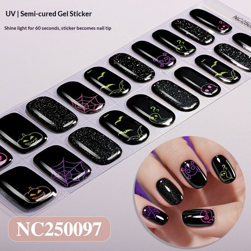 Semi-Cured Gel Nail Strips Halloween Glow Gothic Spiderweb Ghost Design (MOQ=3)