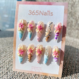 Sculpted Flora: "Tropical Sunset" – 3D Yellow-Pink Floral, Animal Print & Textured Long Stiletto Nails