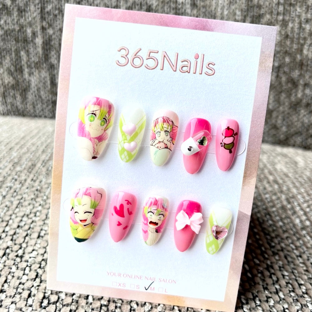 365nails: "Demon Slayer Mitsuri Kanroji" – Handmade Short Almond Press-On Nails