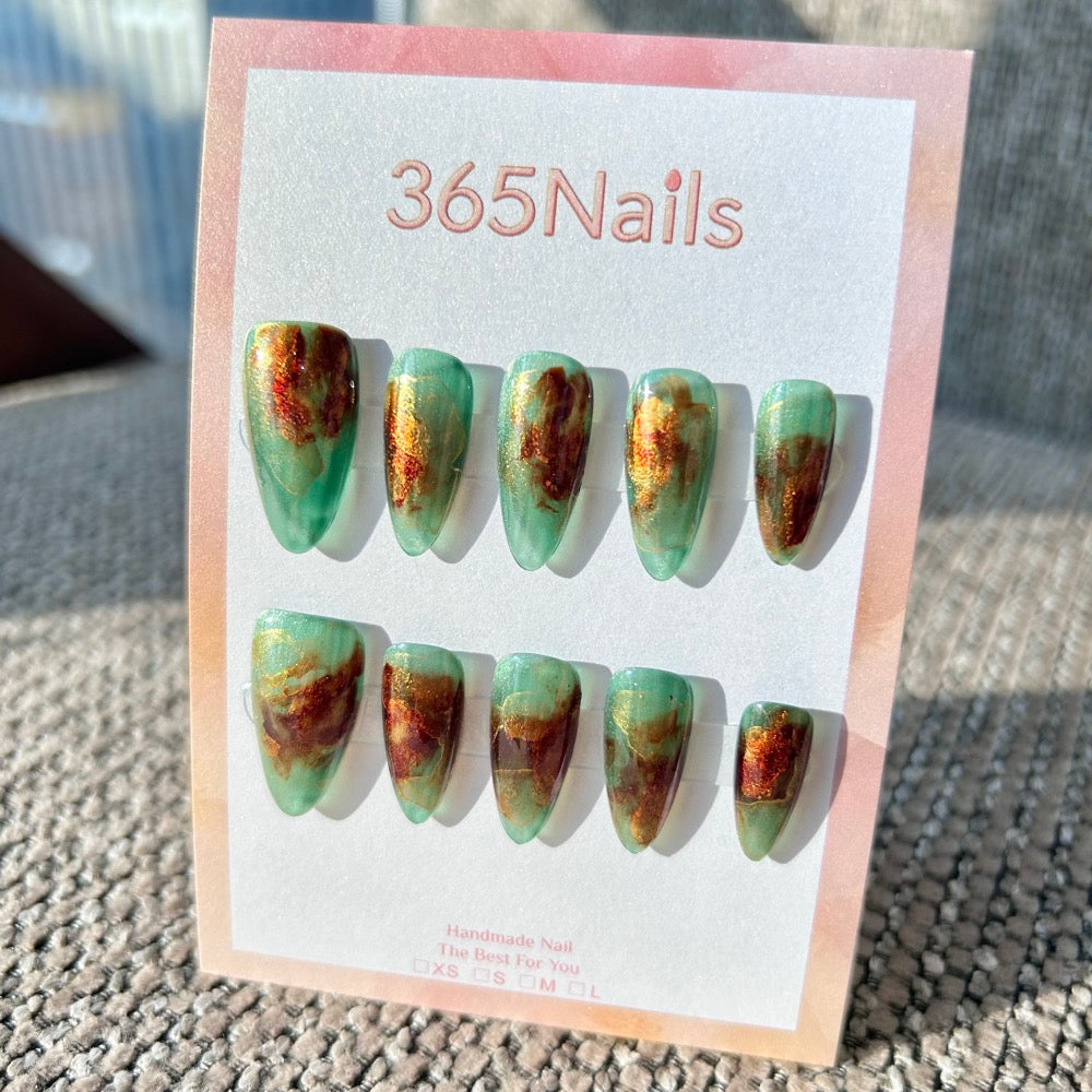 Landscape of Green & Flowing Gold Ice Jade Green Amber Brown Marble Nails ｜ Handmade Smudge Series(moq=30)