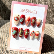 365nails: "천상 레드" – 3D 참 장식 & 그라데이션 수제 아몬드형 네일