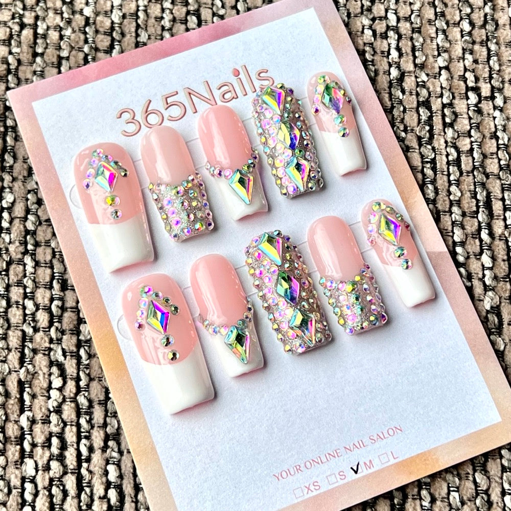 365nails: "Blush French Sparkle" – Handmade Medium Square Press-On Nails