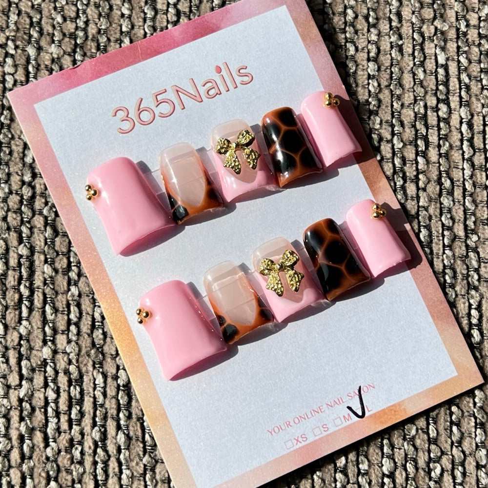 365nails: "레오파드 럭스" – 3D 리본 & 토터스쉘 수제 프레스온 네일 숏 스퀘어형