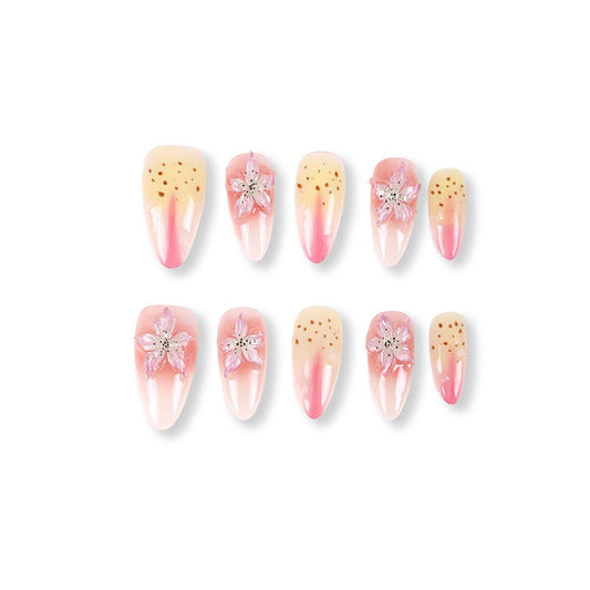 365Nails Apricot‑to‑Pink Gradient with Jelly Petals & Sugar Dots — Sweet Medium Almond Press‑Ons