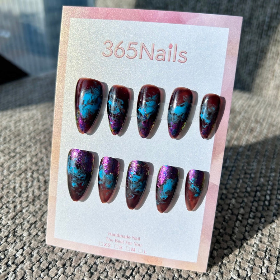 Amber Nebula & Electric Blue Fluid Art Nails｜ Handmade Smudge Series(moq=30)