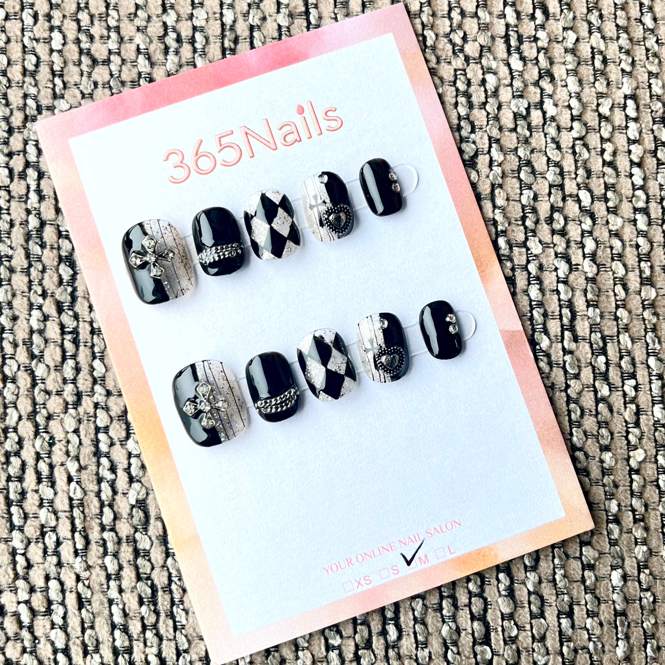 365nails: "Midnight Punk" – 3D Rhinestone & Harlequin Handmade Short Square Nails