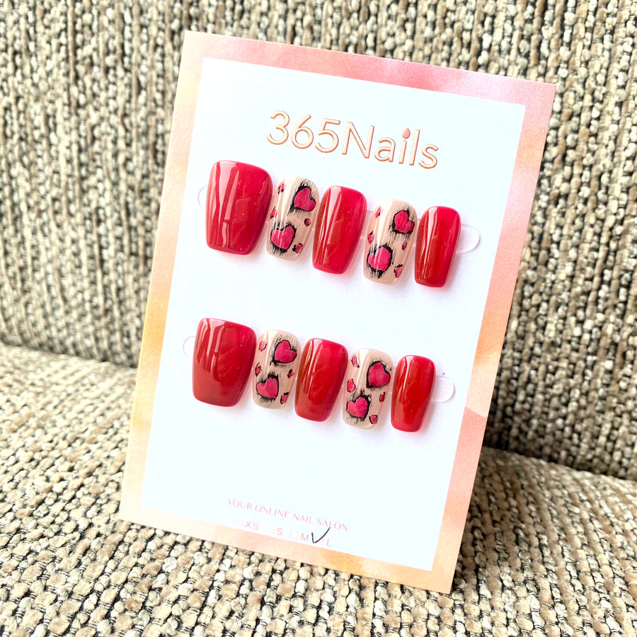 365nails: "Cherry Heart Leopard" – Hand-painted Animal Print Handmade Square Nails