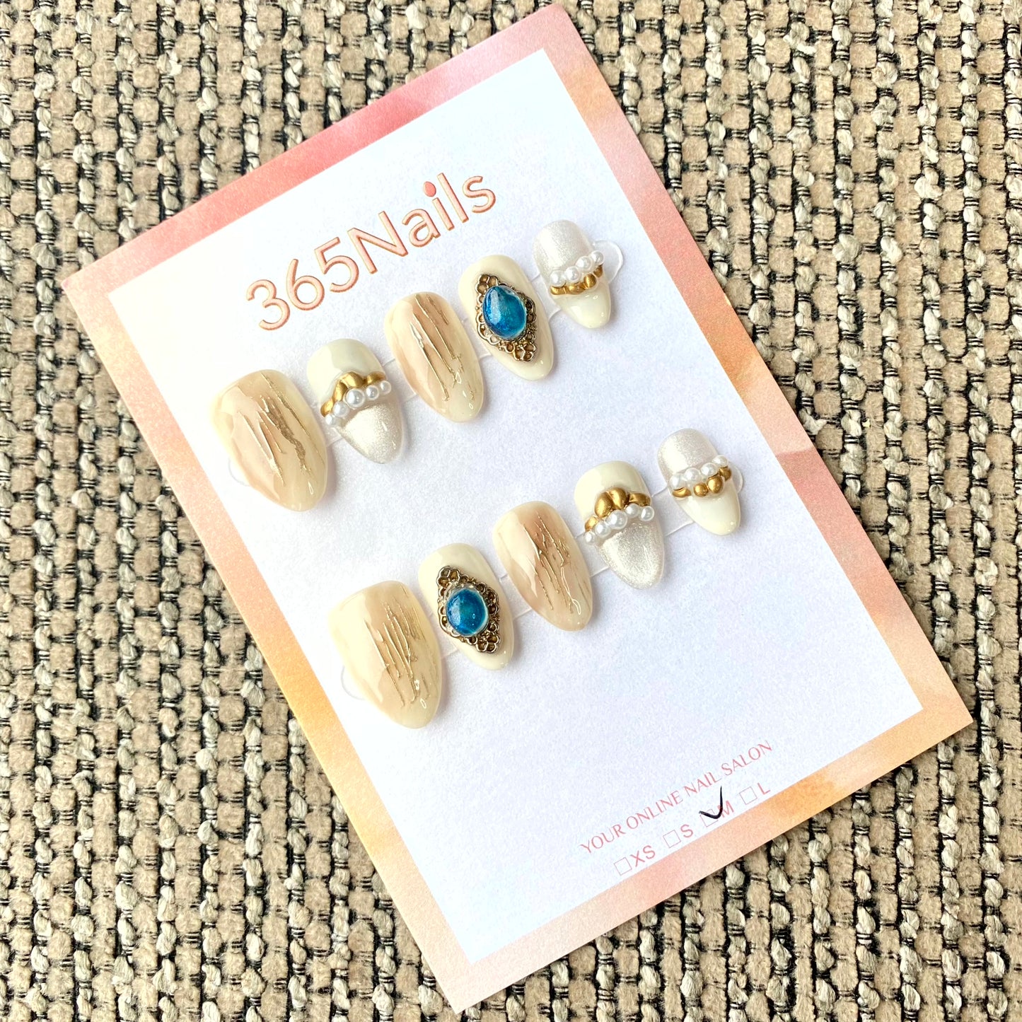 365nails: "Royal Sapphire Cameo" – Antique Gold & Blue Gem Handmade Almond Nails