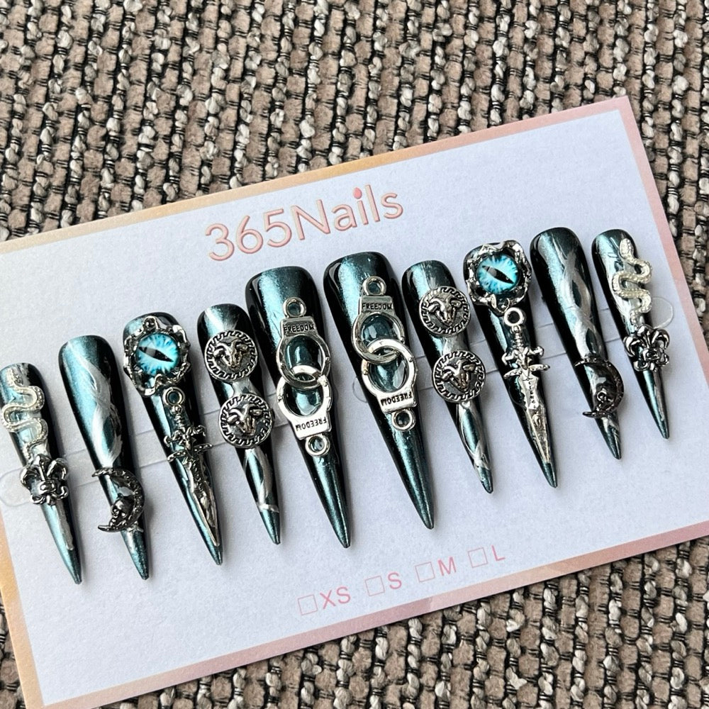365nails: 고딕 청록 이블아이 뱀 — 수제 프레스온 네일