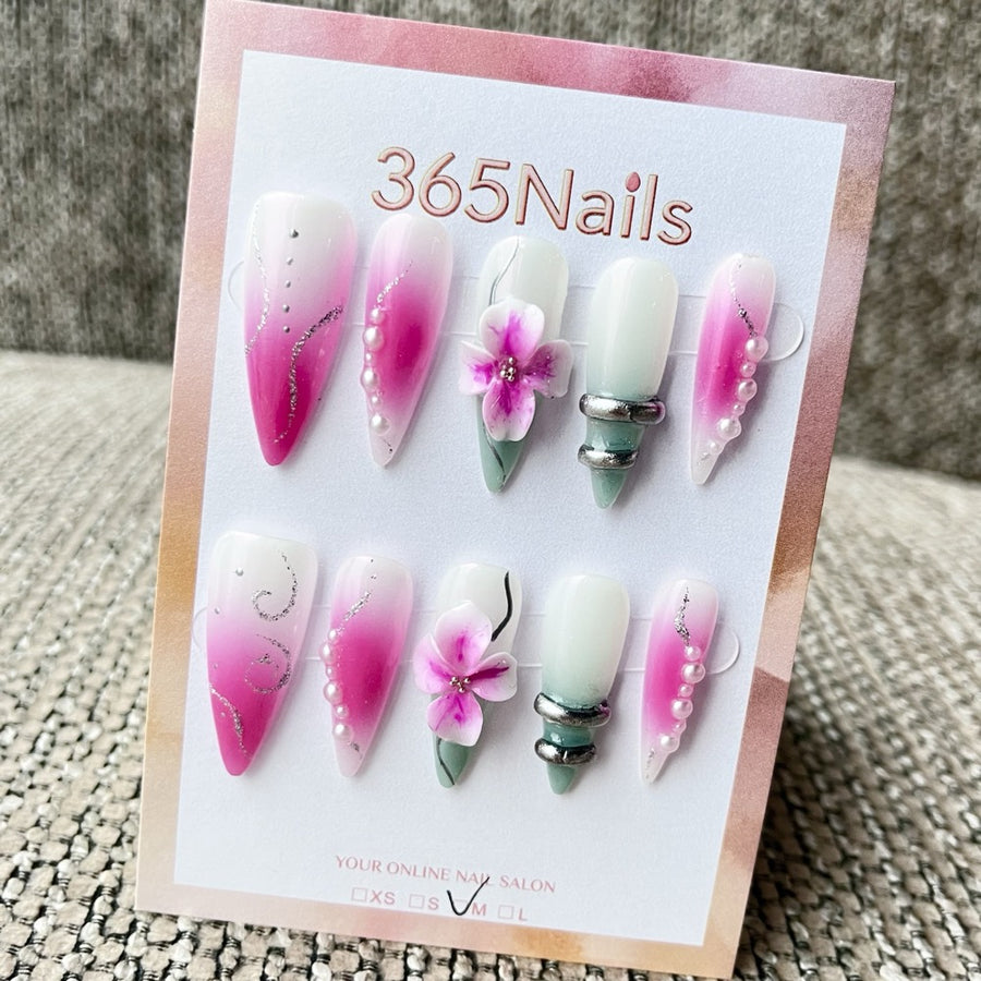 365nails: "난초의 신기루" – 3D 꽃 장식 수제 스틸레토형 네일