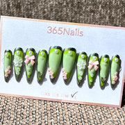 365nails: "Emerald Garden" – 3D Floral Bow Handmade Stiletto Nails