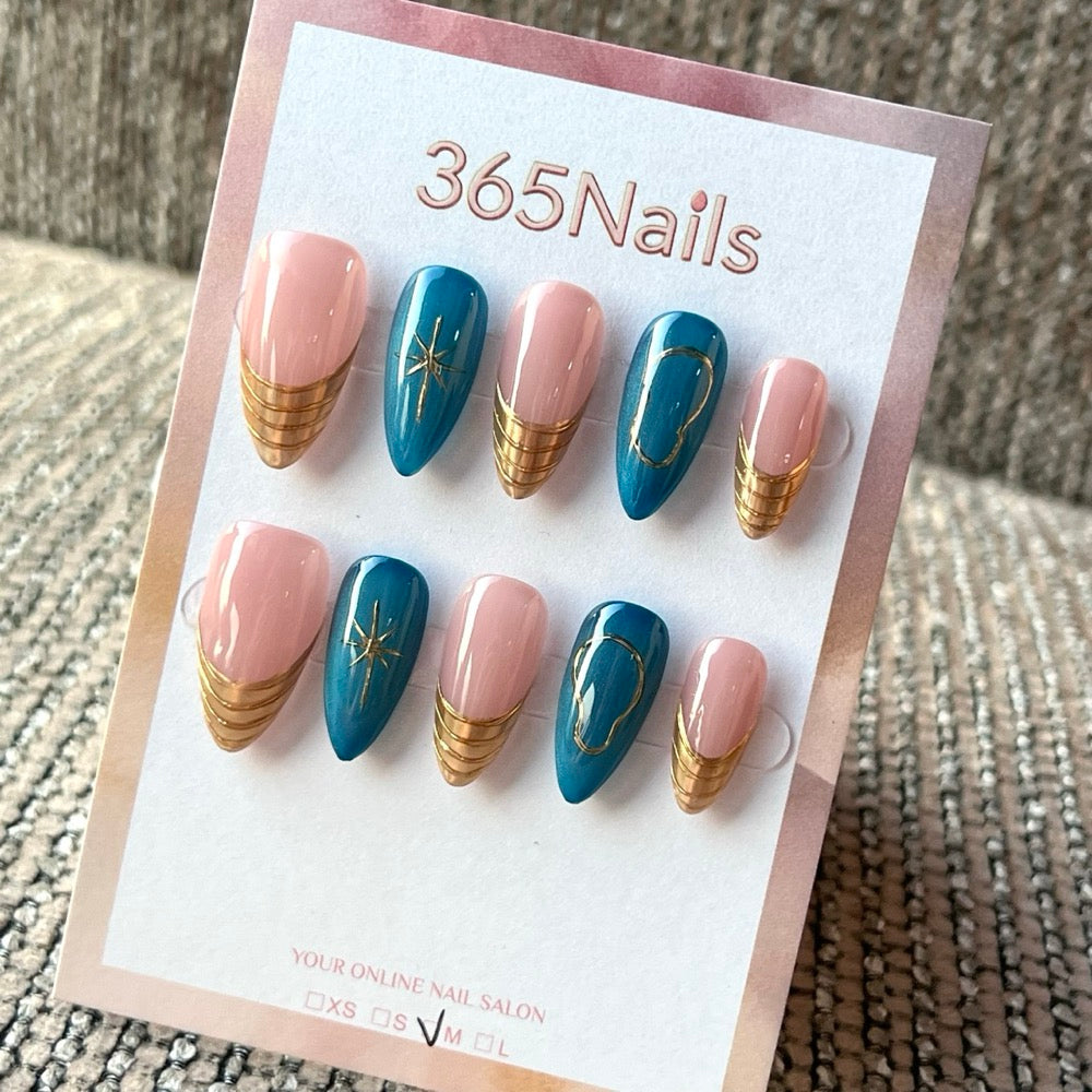 Teal Gilded Wave - Blue Gold Abstract Press-On Nails