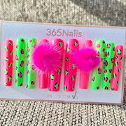 365nails: "Pink Green Leopard Pom Pom" – Handmade Long Trapezoid Press-On Nails