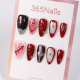 365Nails Gothic Sweet Red Press-On Nails with Metallic Lines, Stars and 3D Hearts