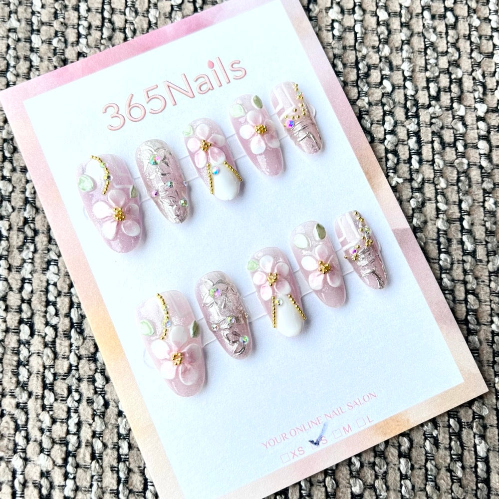 365nails: "Soft Bloom" – 3D Floral Handmade Medium Almond Nails