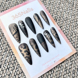 Femme Fatale: "Predator" – Matte Black & Brown Animal Print (Snake/Leopard) with Silver Chrome Spine Art Long Stiletto Nails