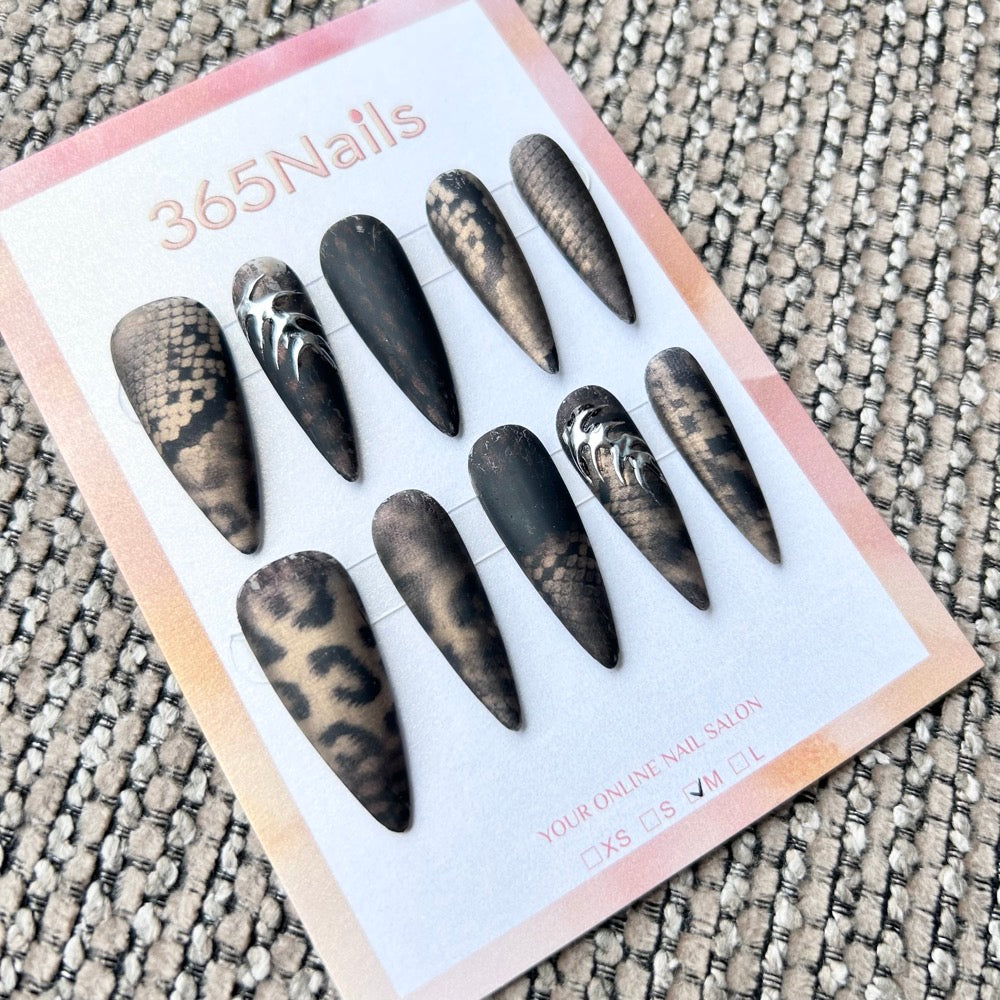 Femme Fatale: "Predator" – Matte Black & Brown Animal Print (Snake/Leopard) with Silver Chrome Spine Art Long Stiletto Nails