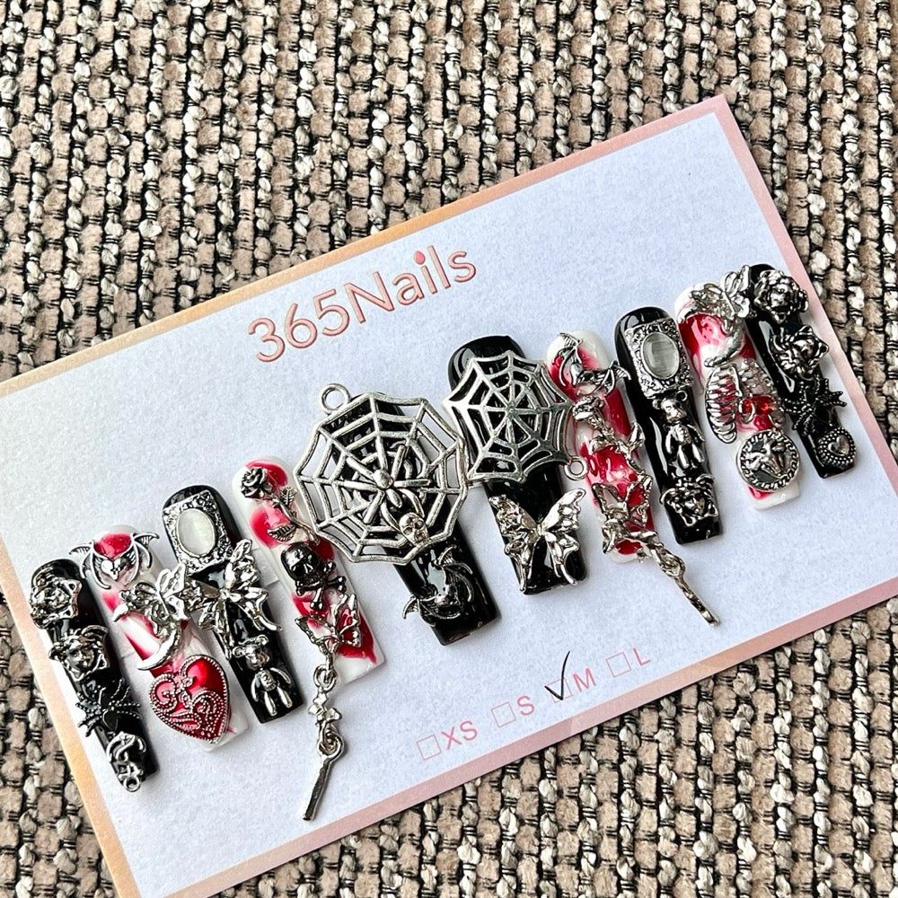 365nails: 고딕 블랙 레드 거미줄 장미 — 수제 프레스온 네일