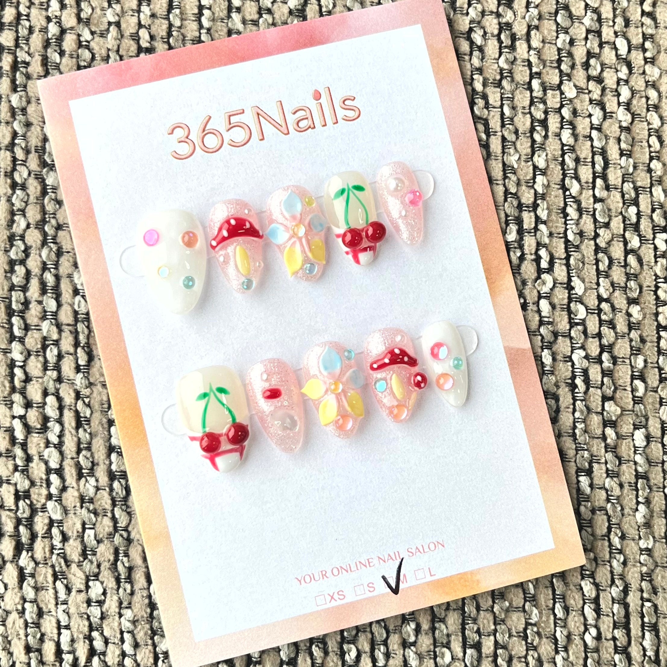365nails: "Fairy Garden" – 3D Mushroom & Cherry Handmade Short Square Nails