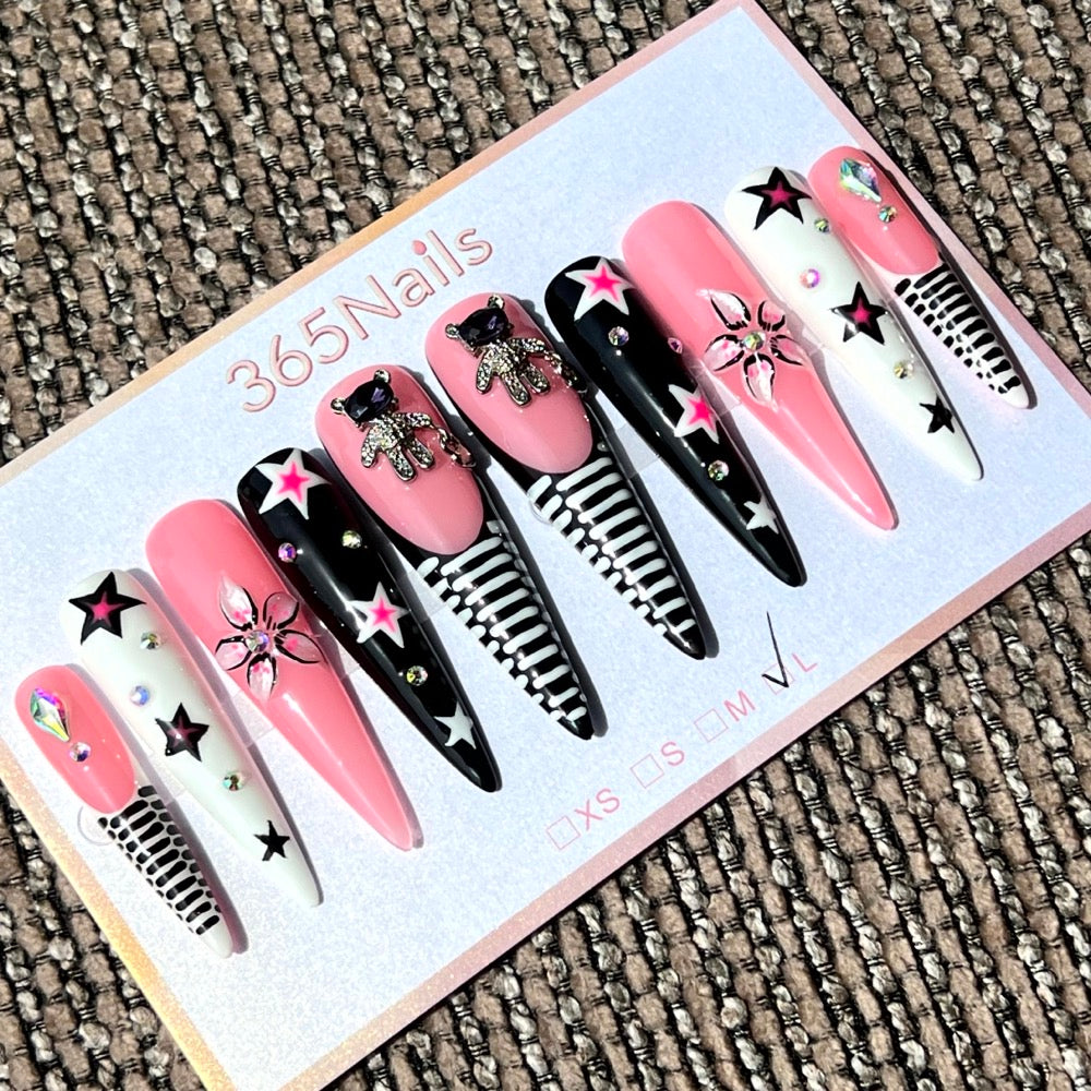 365nails: "Starlight Stripes" – 3D Bear & Star Handmade Long Stiletto Nails