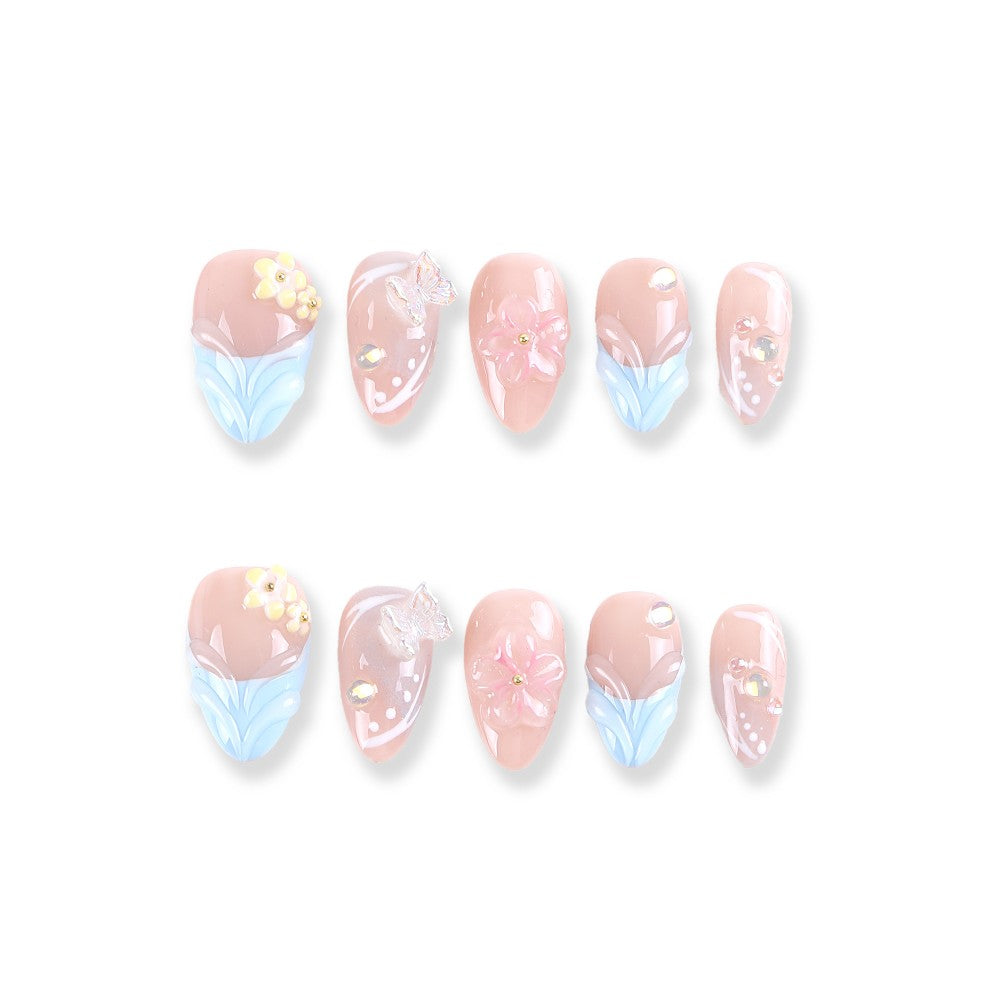 Nude Blue Pink Yellow Press-On Nails with Flower and Butterfly Design