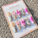 Sculpted Flora: "Wild Pink Zebra" – 3D Bows & Hot Pink Flowers on Zebra Print & Chain Detail Coffin Nails