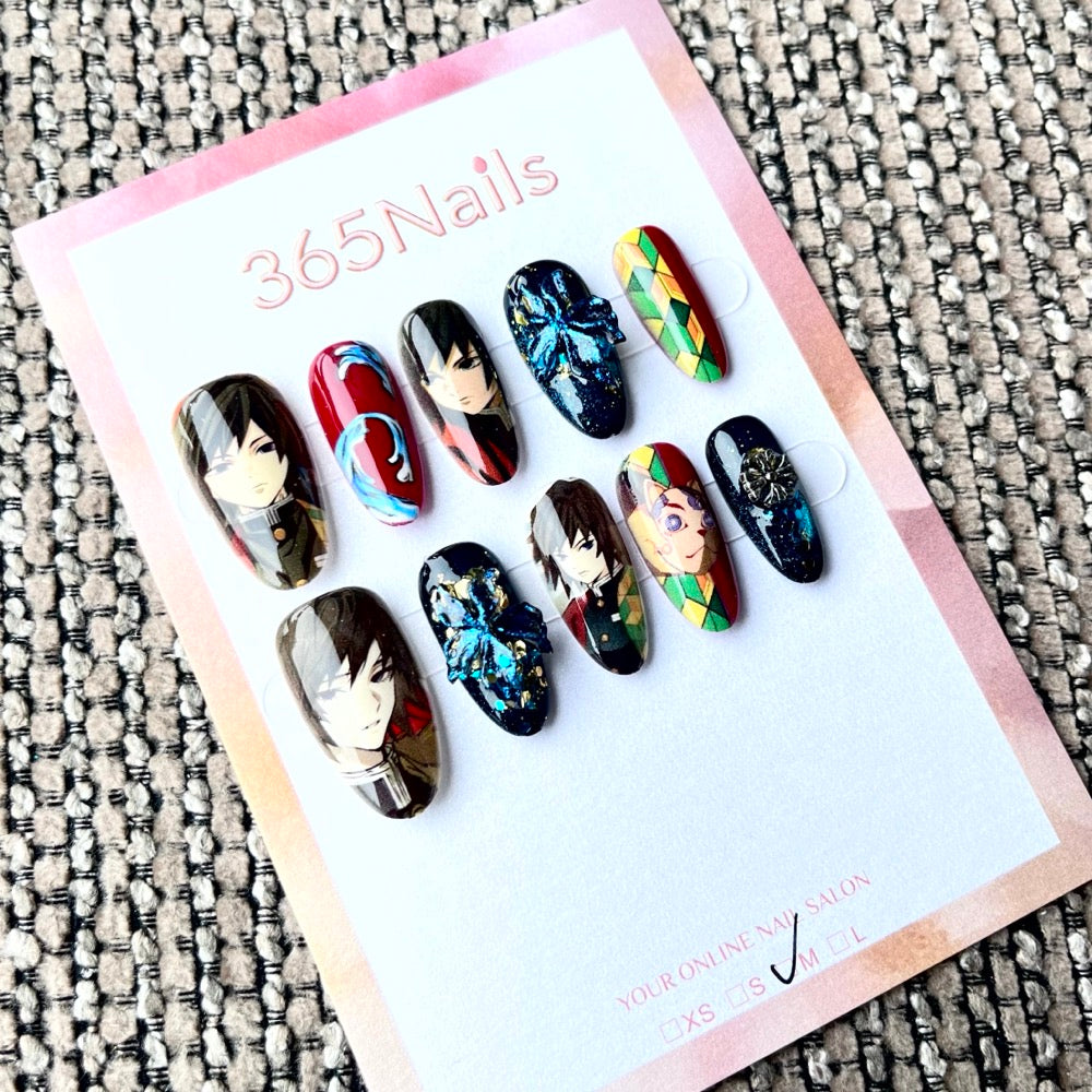 365nails: "Demon Slayer Giyu Tomioka" – Handmade Short Almond Press-On Nails