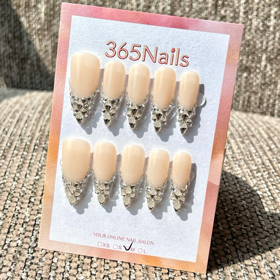 365nails 누드 크리스탈 엣지 — 라인스톤 장식 누드 수제 스틸레토형 네일