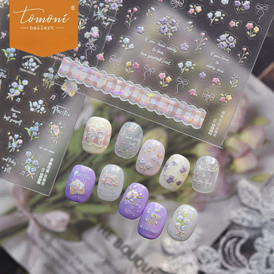 Pastel Floral Collection: "Gentle Floral Bow" – 3D Embossed Nail Sticker