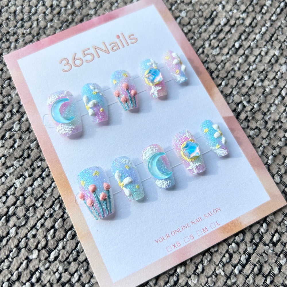 Sweet & Dopamine: "Cotton Candy Starry Night" – Pink & Blue Gradient Sugar Glitter, 3D Moon & Star Gem, Tulip & Cloud Press-on Nails